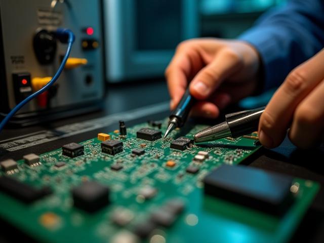 Nærbilde av kretskort under feilsøking med testutstyr.
